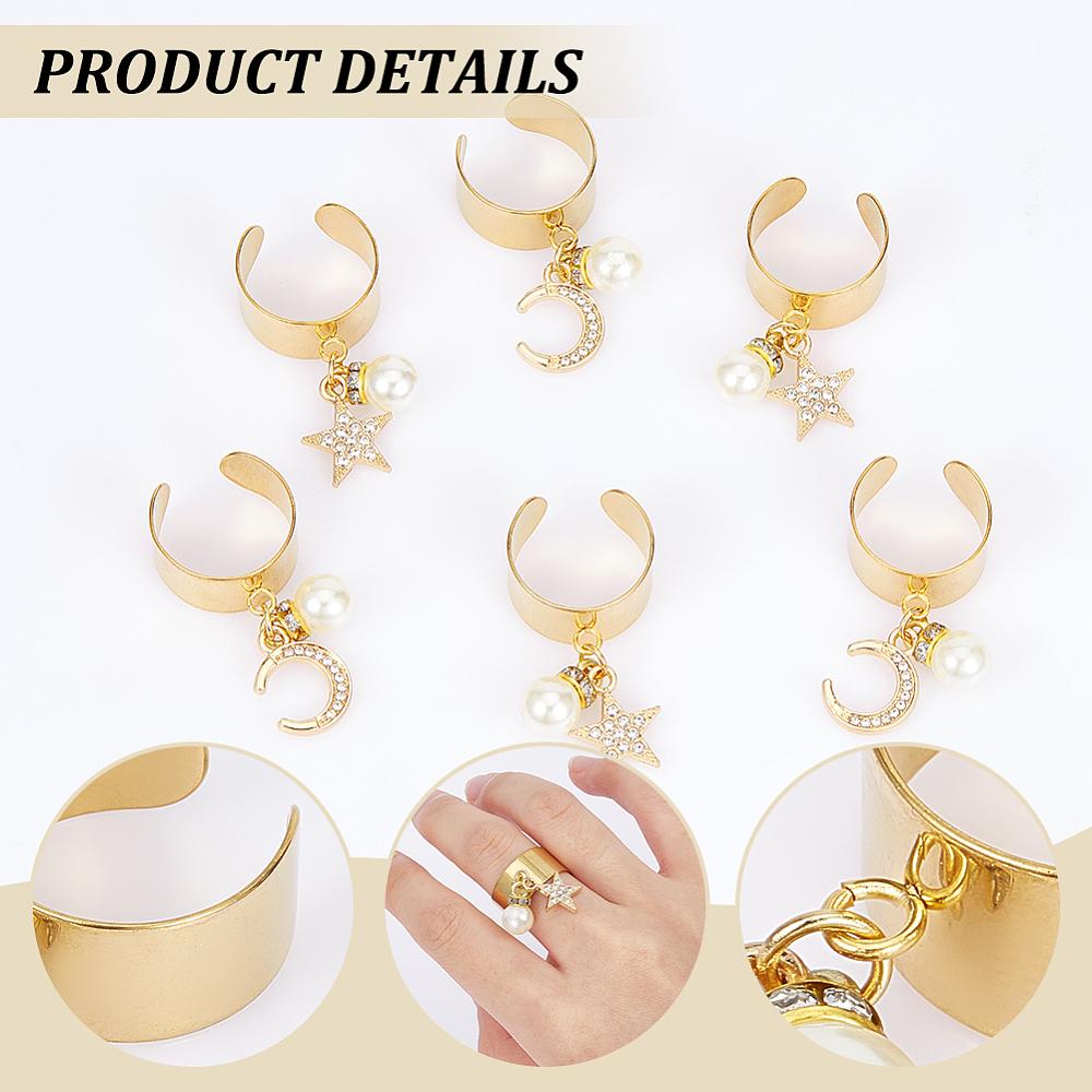 304 Stainless Steel Cuff Rings, Star & Moon Alloy Pendant, Golden, Adjustable, 37~38mm, 6pcs/set