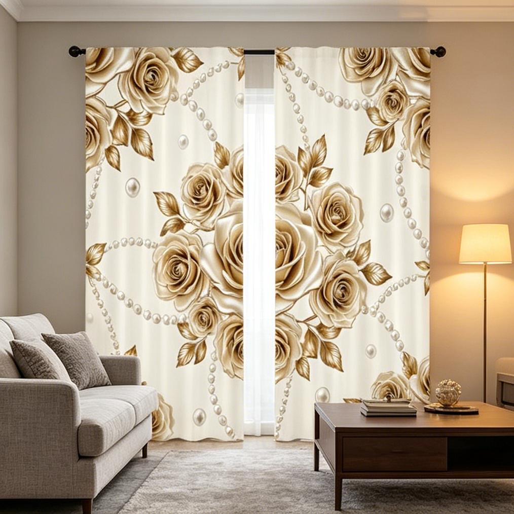 2PCS Digital Printed Curtains, Pearl Shimmer Rose Luxurious Elegant, Rod Pocket Window Drapes for Living Room Bedroom Decor