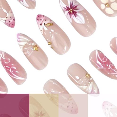 New 24-Piece Manicure 3D Three-Dimensional Relief Flower French Polka Dot Pearl Long Almond Wearing Armor