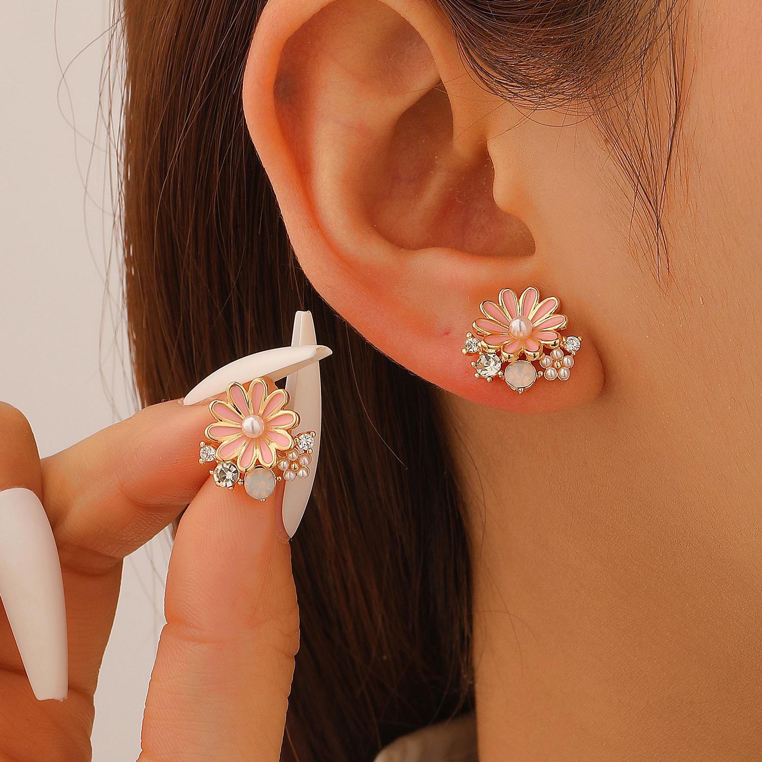 Elegant Daisy and Sunflower Zirconia Pearl Stud Earrings