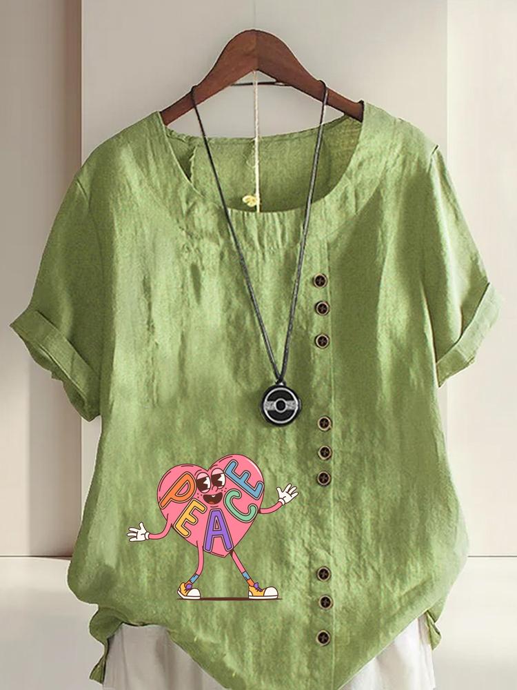 

Women s Fashion Love Human Form Print Round Neck Short Sleeve T-shirt Summer Casual Cotton Linen Graphic Shirt Leisure Loose Blouse Tops 5XL зелений