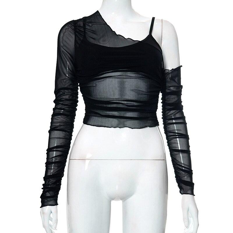 

2022 Сплошной цветной пуловер с наклонным воротником, сетчатый пуловер с открытыми плечами и длинными рукавами, состоящая из двух частей, женская блузка в европейском и американском стиле 20601 M чёрный