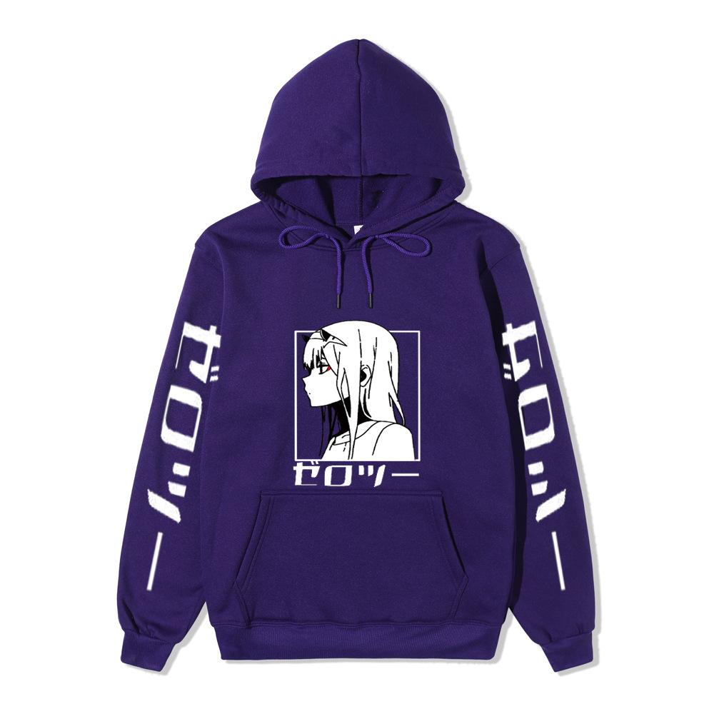 Zero Two Side Profile Anime Hoodie Japanese Letter Print Black Casual Long Sleeve Hooded Sweatshirt Pullover
