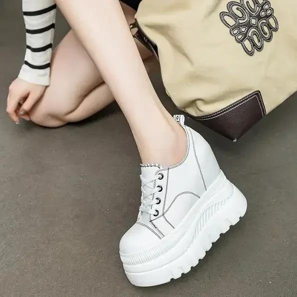 Fashion High Quality 12CM Denim Women Breathable Platform Hidden Heels Shoes Genuine Leather Chimney New Fashion Spring Chunky Sneaker