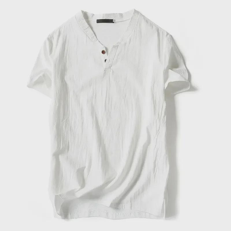 Men's Chinese-Style Short-Sleeve V-Neck Linen T-Shirt