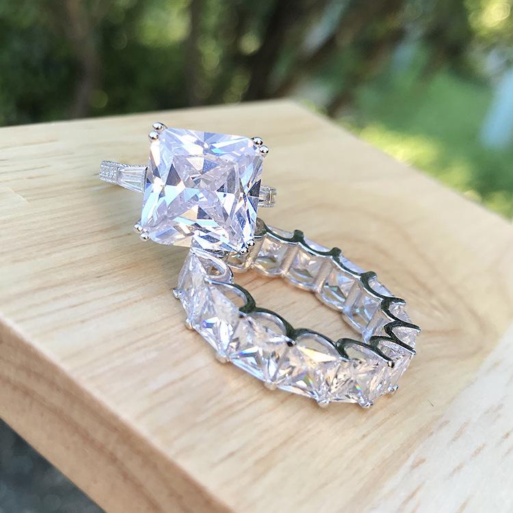 Xiancan Jewelry 2023 Women's 925 Silver Diamond Square Ring Set - Fashionable and Versatile European American Style