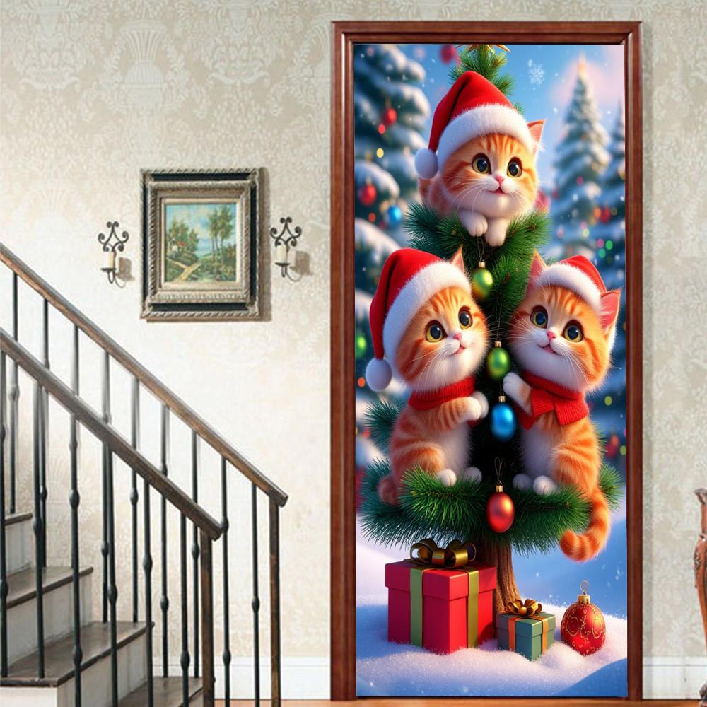 Christmas Santa Claus PVC Self-Adhesive Waterproof Door Sticker Modern Simulation Door Mural Wallpaper Living Room Study Home Decor Art Door Poster
