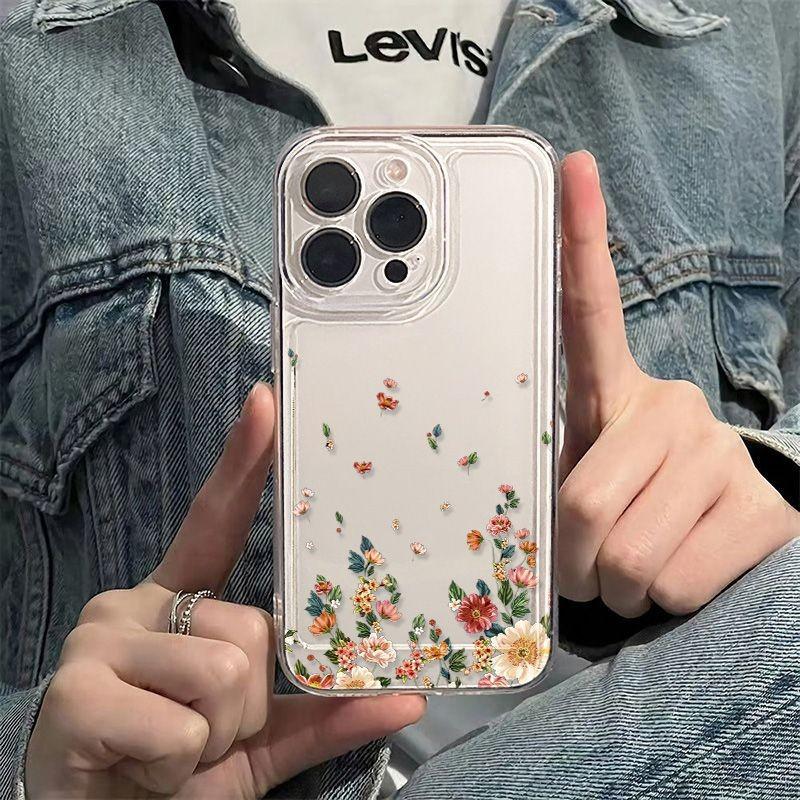 Iphone 15 For Pro Max Transparent Phone Case With Flower Print Decoration Design