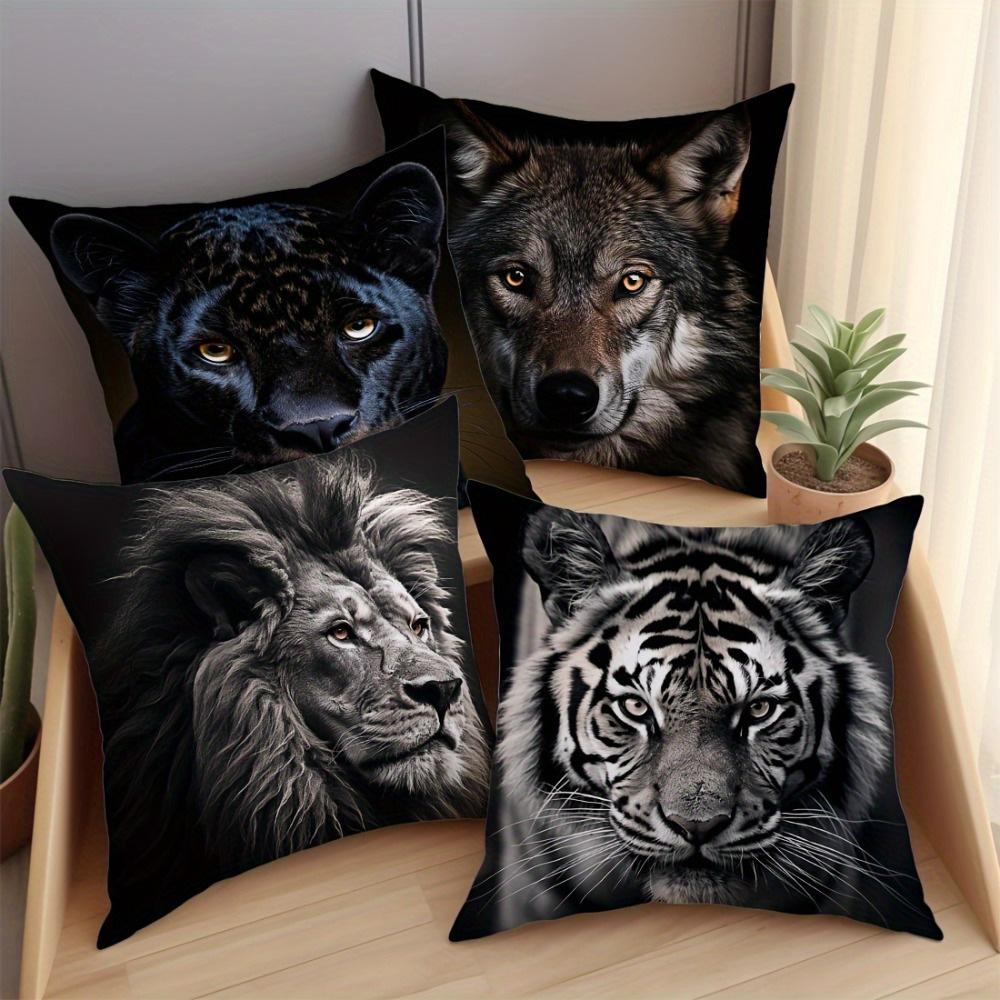 Four Animal Head Pillowcases: Lion, Tiger, Black Panther, and Wolf Sofa Cushion Cover Home Room Decoration 2D Flat Printing