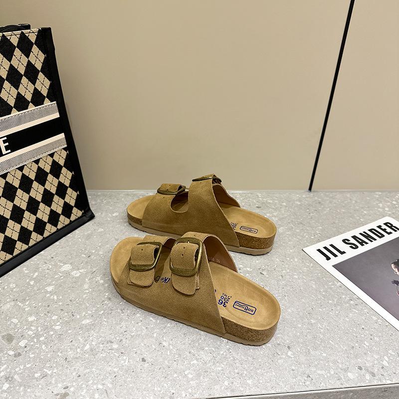 

Summer retro leather cool slippers women s double buckle belt outer wear thick bottom height increase women 40