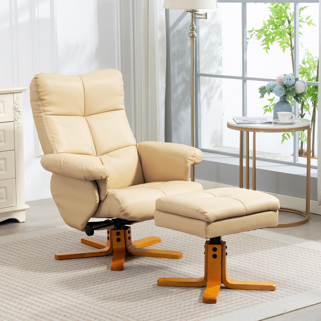 PU Leather Swivel Recliner Chair with Footstool, Wooden Base and Storage for Living Room, Beige