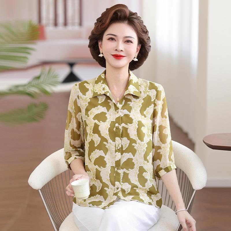

2026 Chic Versatile Spring/Summer Chiffon Shirt for Middle-Aged & Elderly Women with Lapel & Seven-Sleeves 4XL (135-150 lbs)