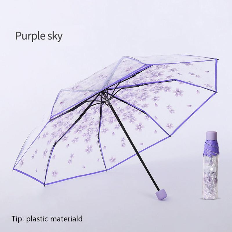 1PC Three-Fold Beauty Cherry Blossom Transparent Umbrella Rainproof Fold Umbrella Handheld Windproof