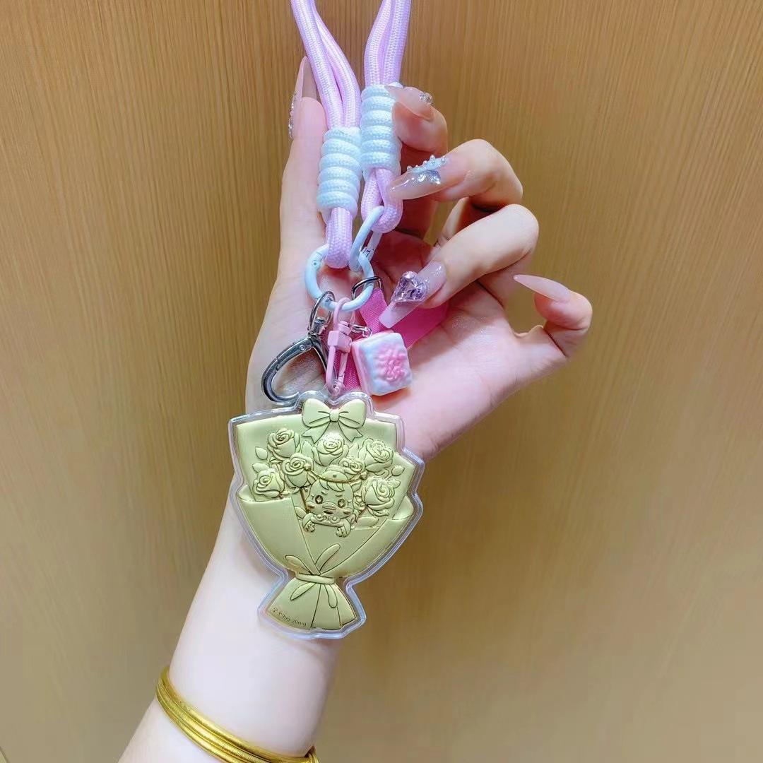 999 Pure Gold Floral Keychain Phone Lanyard Bag Charm