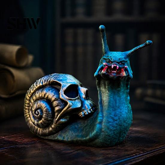 Creative Garden Statue for Halloween Snail Skull Resin Statue, Creepy Horror Ornament with Small Gift Friends Shell, Scary Party Haunted House