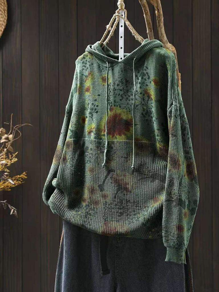 Vintage Print Drawstring Fashion Hooded Sweater Woman Winter Loose Long Sleeves Casual Sweater