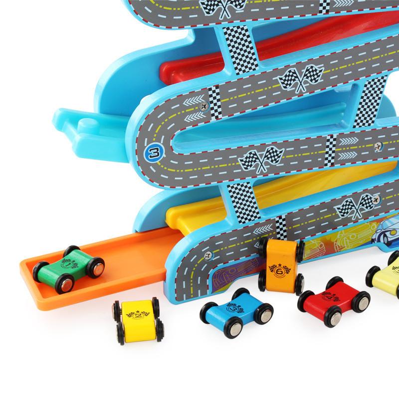 6 Tier Wooden Sliding Car Track Puzzle Early Education Inertial Children Toy