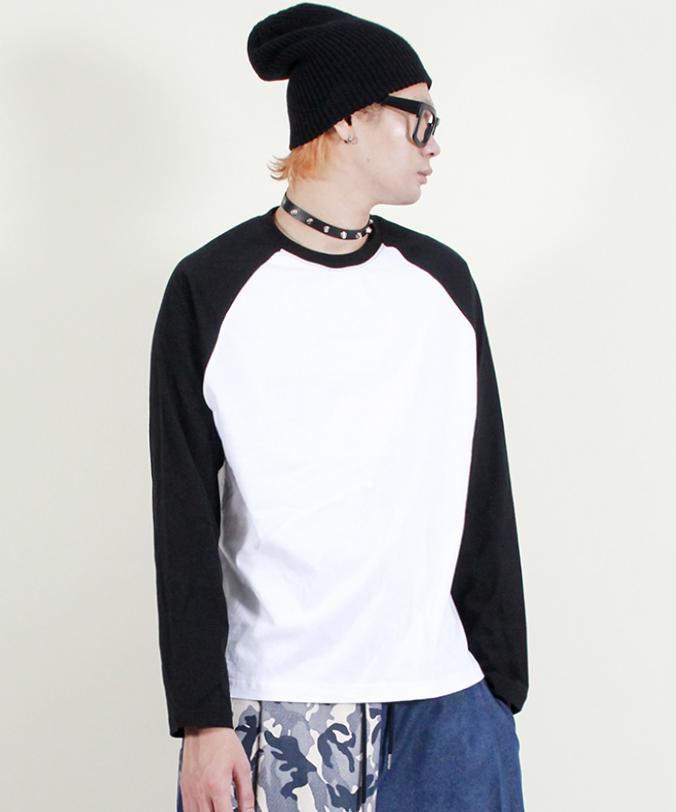 Deumakeu Raglan Color Block Solid Long Sleeve T-Shirt Black & White