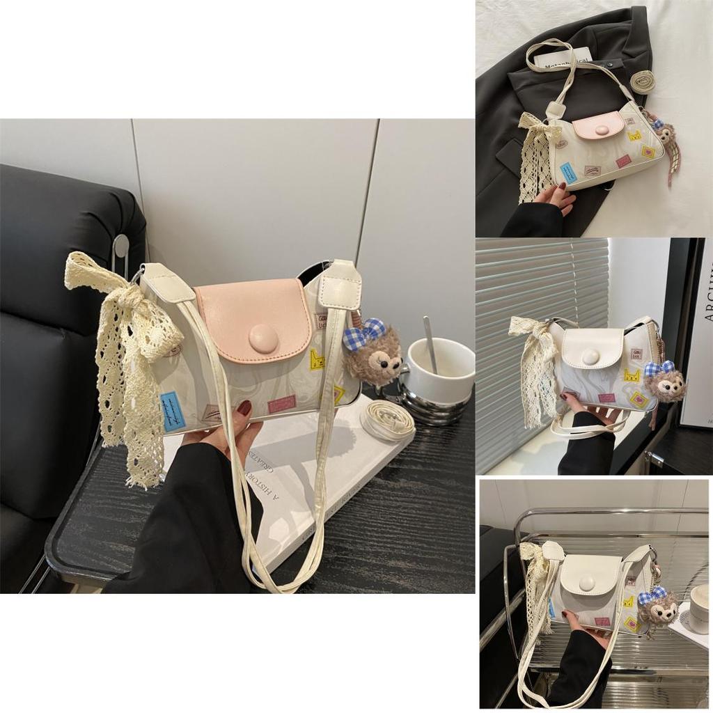 Ladies Pu Compact Handbag With Lace Bow And Doll Pendantfor Casual Outings