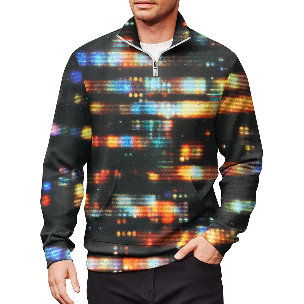 Men's Loose Casual 1/4 Zip Sweatshirt Fashion Printed Long Sleeve Top With Pockets