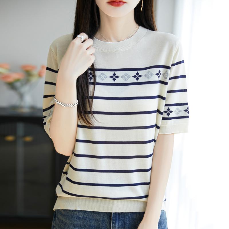 Women Knit T-shirt MODERN NEW SAGA Summer Knitted Shirt Short Sleeve Tees O-neck Patchwork Pullover Knit Tops