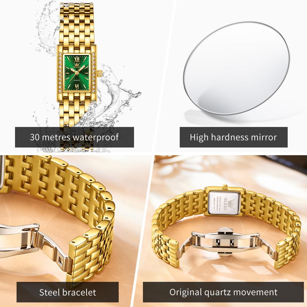 OLEVS Fashion Women's Watches Rectangular Dial Gold Stainless Steel Strap Quartz Watch Luxury Diamond Watch