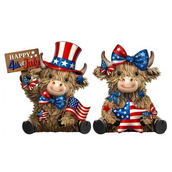 2 Pcs 4th of July Patriotic Highland Cow Figurines, Wooden Independence Day Red White Blue Cattle Statue for Home Kitchen A