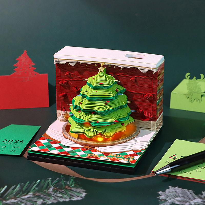 Time Piece Calendar 2026 Desk Calendar With Led Light 3D Tear-Away Calendar Paper Carving Art Memo Pad Notepad Gift Christmas