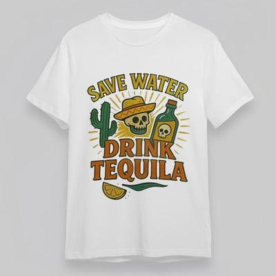 Camiseta Clássica Oversize Feminina Salve a Água Beba Tequila com Cacto Caveira
