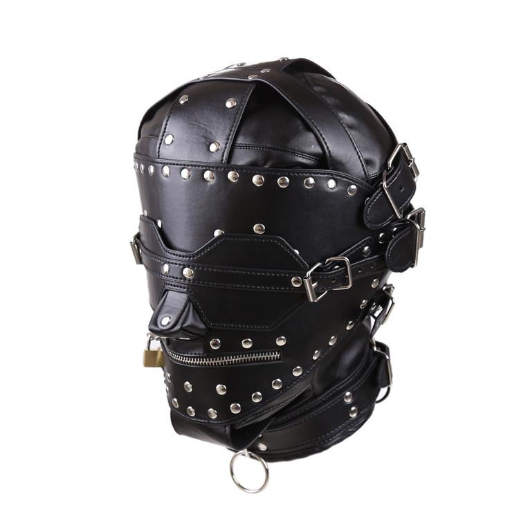BDSM  Slave Fetish Sex Toys Adult Products Face Mask Headgear Leather Scattered Bronze Lock