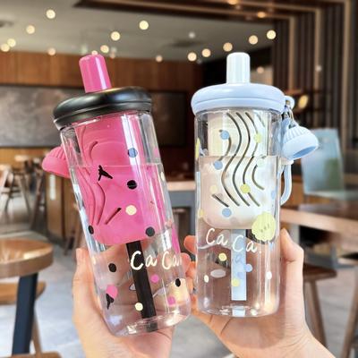 Water Bottle1011 Summer Student Water Cup Female High Value Plastic Cup Cartoon Straw Cup High Temperature Tea Separation Flower Teacup