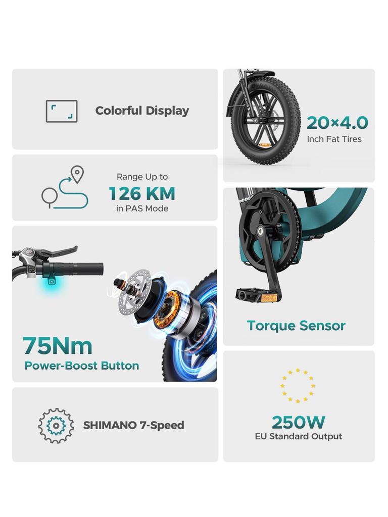 ENGWE L20 Boost Electric Bike – 250W Motor, 48V13Ah Battery, 126km Range, 20x4.0 Fat Tires, 7-Speed, LCD Display