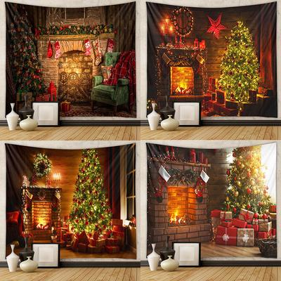 American Christmas Tapestry for Living Room Xmas Tree Fireplace Printed Wall Hanging Cloth Soft Square Holiday Home Decoration