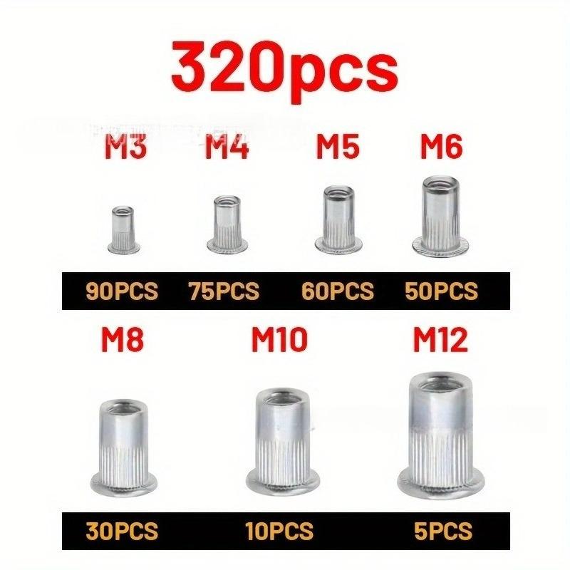 Scatola da 320 Pezzi Dado Rivetto in Alluminio Filettato Testa Piatta Inserti Ciechi M3-M12 Assortimento