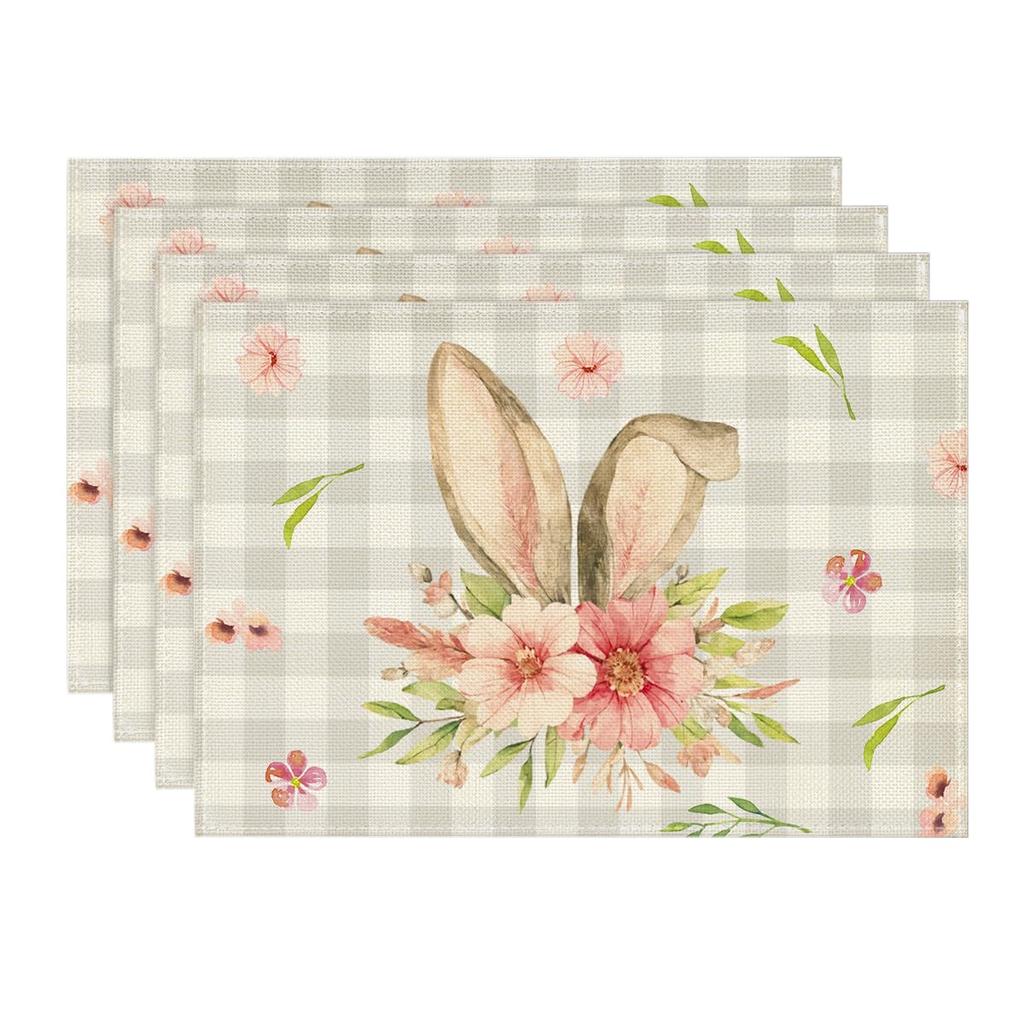 Bunny Rabbit Ears Buffalo Plaid Flower Easter Placemats Set of 6, 12x18 Inch Seasonal Spring Table Mats for Party Kitchen Dining Decoration