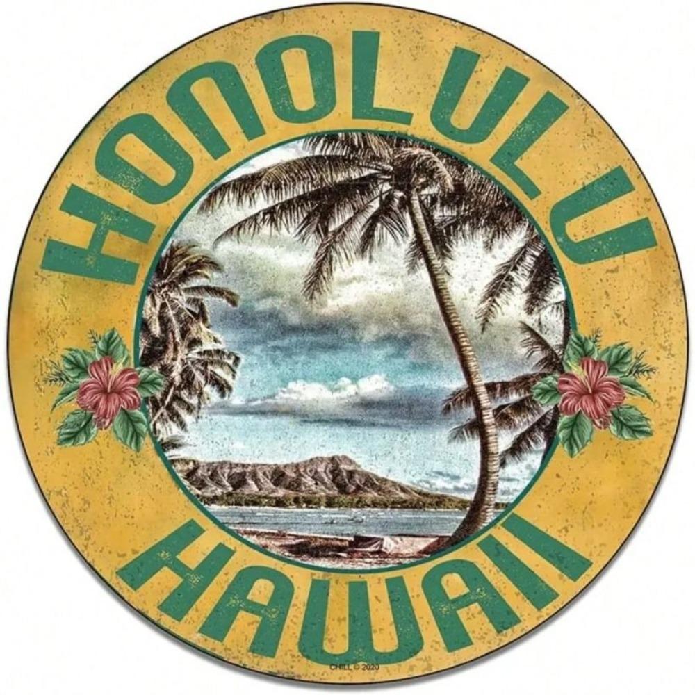 Vintage Metal Tin Sign Beach Palm Tree Wall Decor Diamond Head Hawaii Aluminum Poster