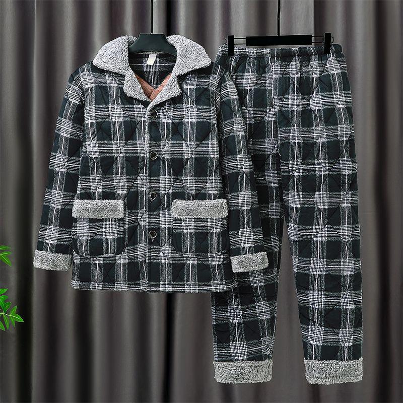 

Мужской стеганый пижамный комплект из кораллового флиса - Теплый трехслойный для зимы, Идеально подходит для людей среднего и пожилого возраста L: 90-120 jin