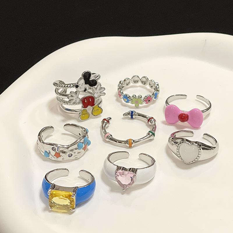 Mickey Love Enamel Oil Drop Bow Stacked Wearing High-End Open Ring Personality Niche Design Ring Woman