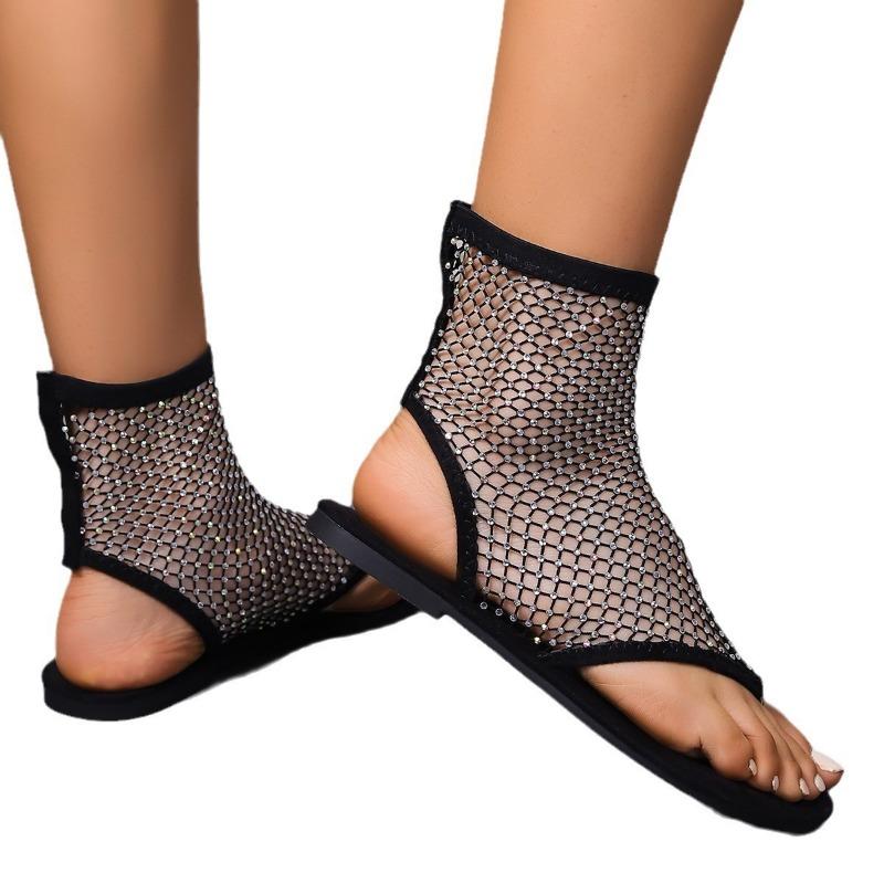 New women's flat-soled sandals breathable mesh hot diamond toe sandals fashion