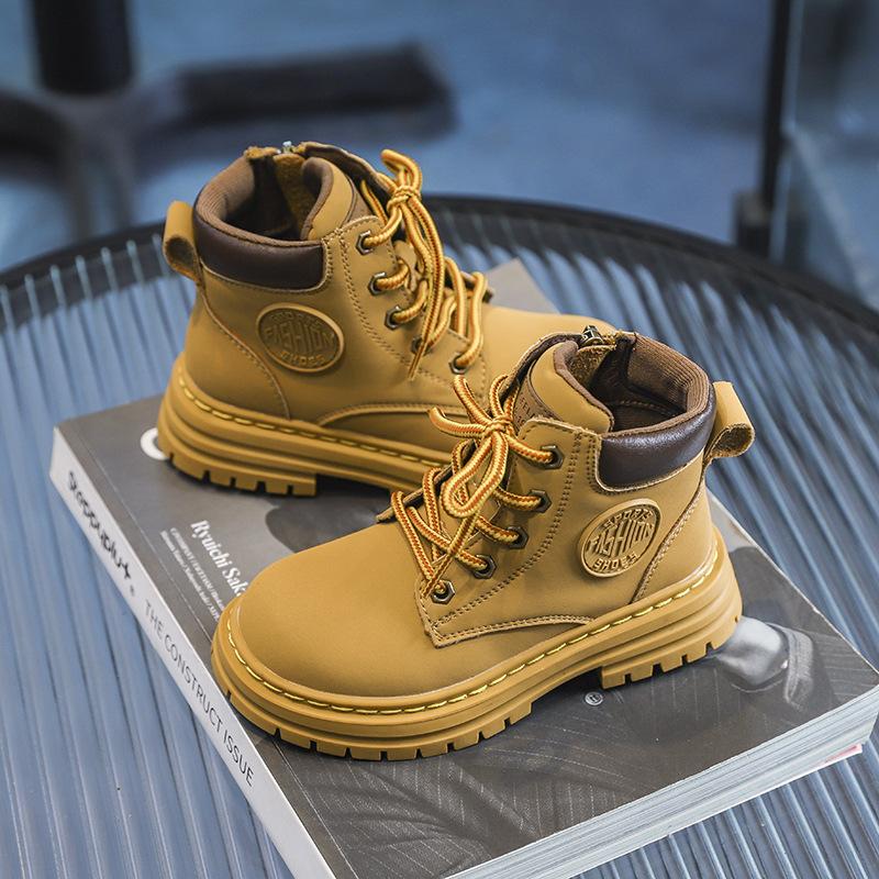 Retro Autumn and Winter New Children's Short Boots Korean Casual Cowhide Boys Small Yellow Shoes Medium Tube Girls Single Boots