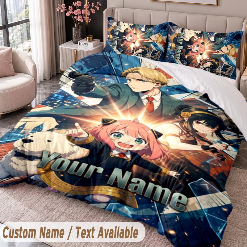 Custom Name Text 3Pcs Bedding Set Spy × Family Duvet Cover And Two Pillowcases