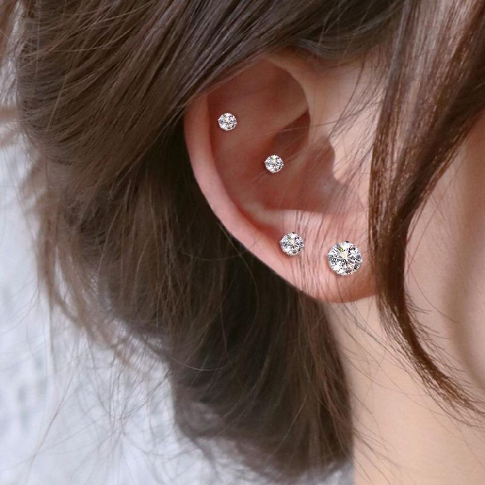 Classic Simple Stainless Steel Four Claws Round AAA Zircon Piercing Stud Earrings for Women Fashion Trend Zircon Accessory Gift