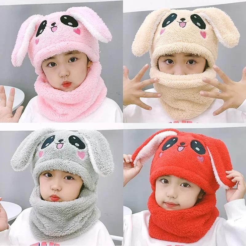 1-12Y Winter Cartoon Rabbit Coral Velvet Cap Plush Balaclava Kids Caps Double Fleece Baby Scarf Hat  Baby Accessories