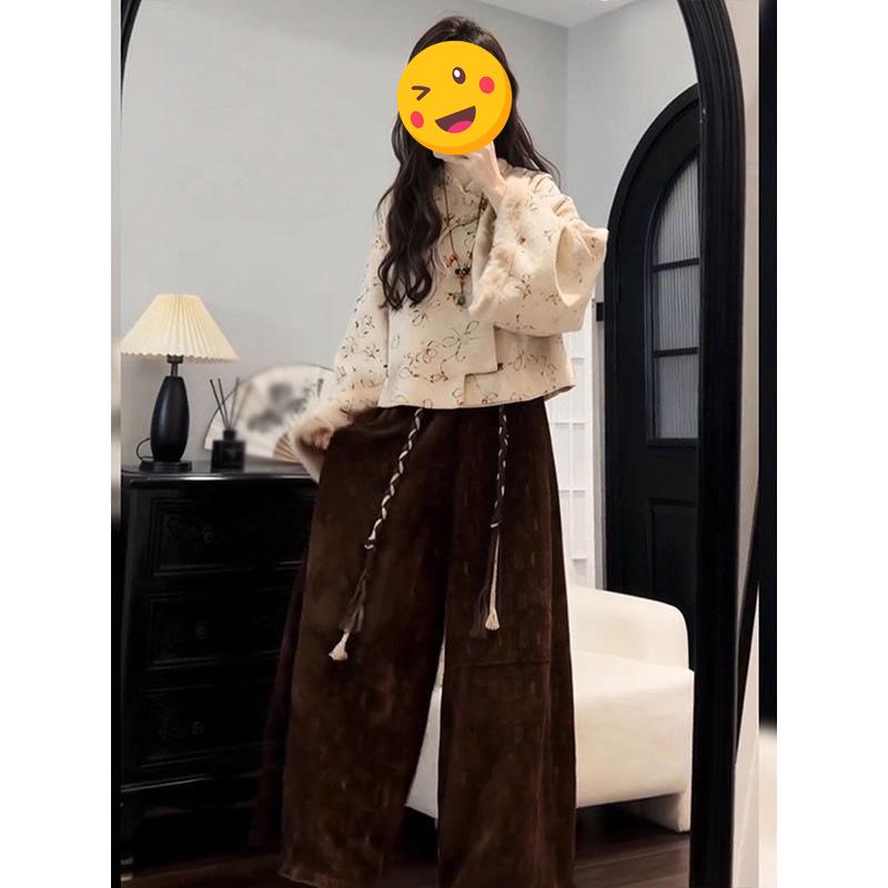2025 Winter Chinese Fashion Floral Coat with High-Waisted Casual Pants Two-Piece Set