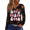 Women's Casual Halloween Print V-Neck Long Sleeve T-Shirt with Decorative Buttons