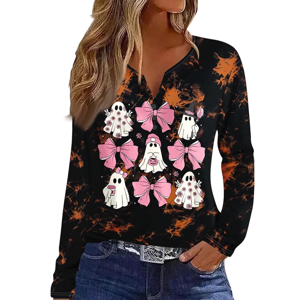 Women's Casual Halloween Print V-Neck Long Sleeve T-Shirt with Decorative Buttons