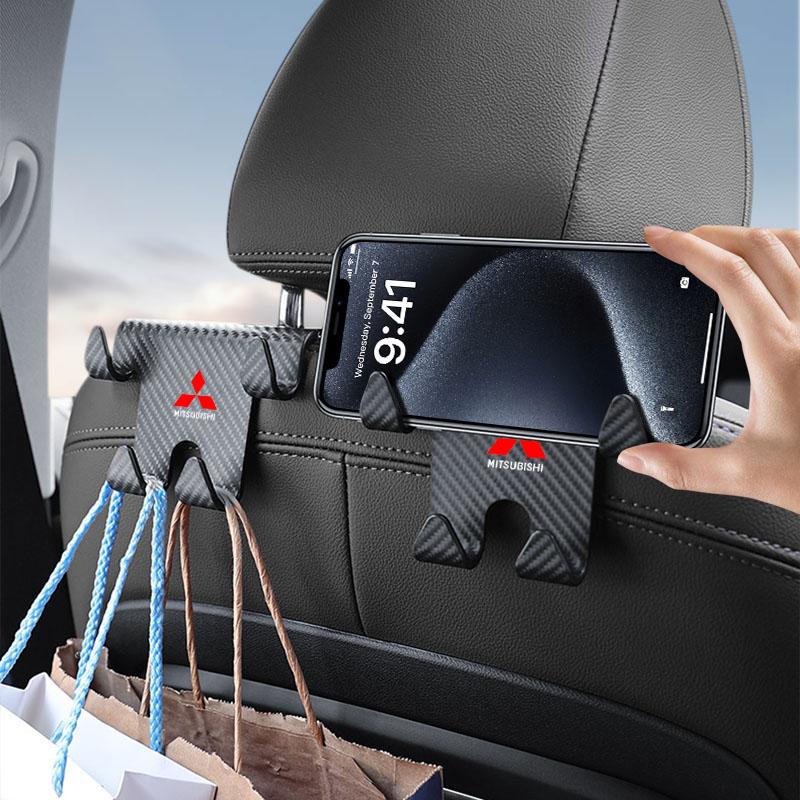 bzhr7 Car Seat Headrest Hook Universal Phone Holder Backseat Organizer For Mitsubishi Outlander Lancer 10 9 ASX RALLIART L200 Sticker