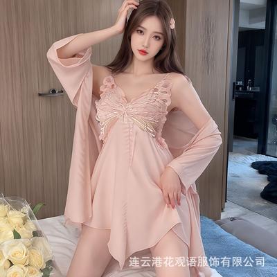 Sexy Pajamas Women Ice Ribbon Chest Pad Gathering Bow Nightdress Robe Loungewear Pure Desire Style Suit Women