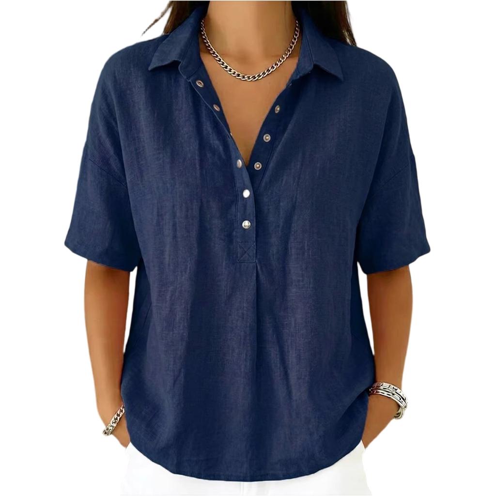 Women's Fashionable Loose-Fit Short-Sleeve Casual Shirt With Half-Zip