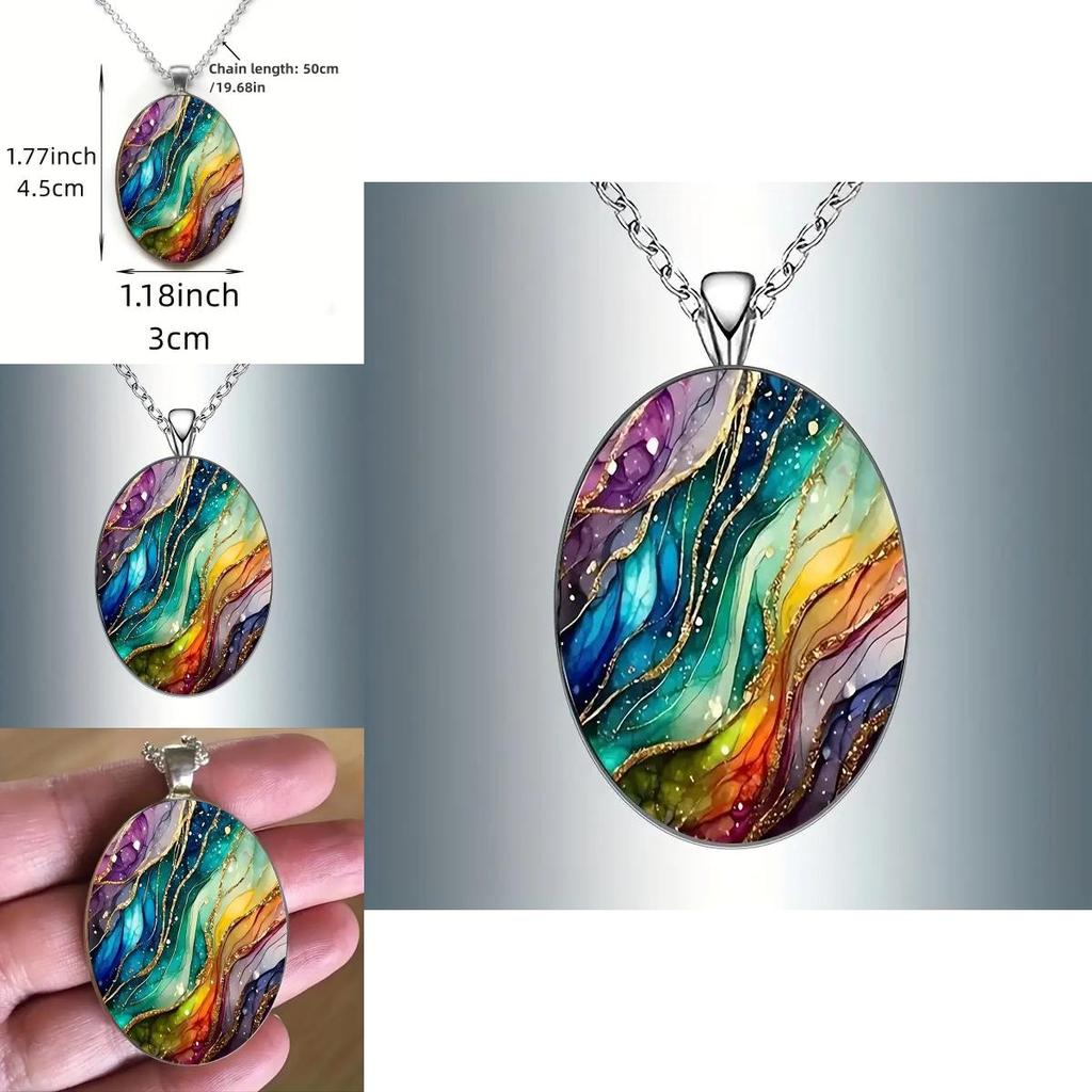 Fantasy Wave Pattern Glass Pendant Necklace With Chain For Fashion Enthusiasts